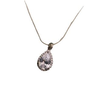CZ Teardrop Halo Pendant Necklace - Sterling Silver Snake Chain